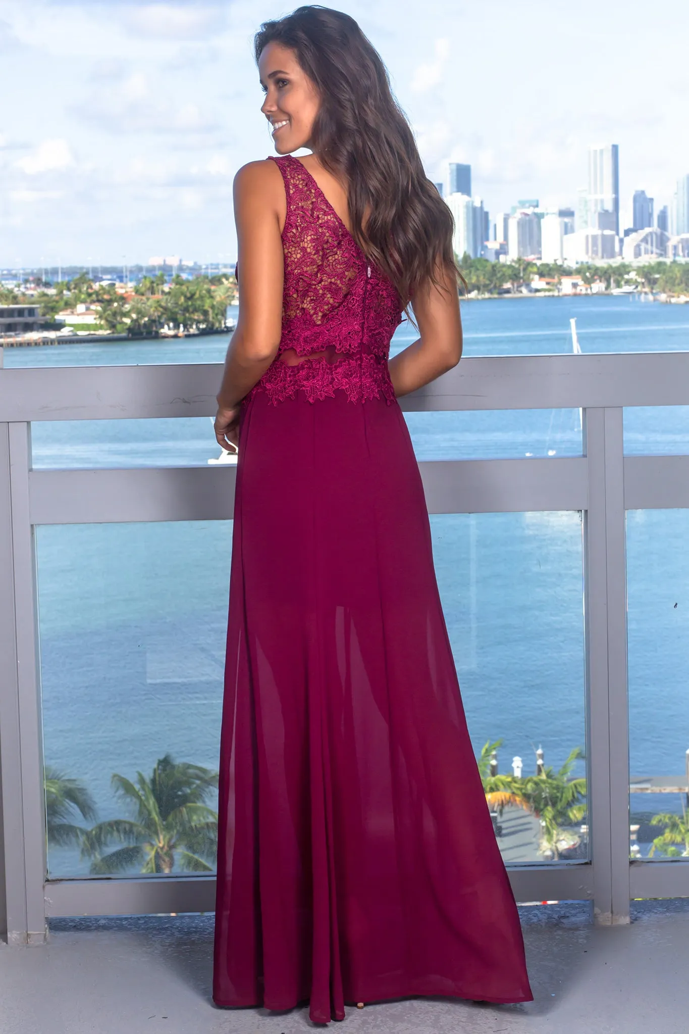 Wine V-Neck Maxi Dress with Crochet Top