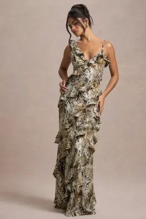 Wispy | Snake Print Plunge-Neck Ruffled Maxi Dress