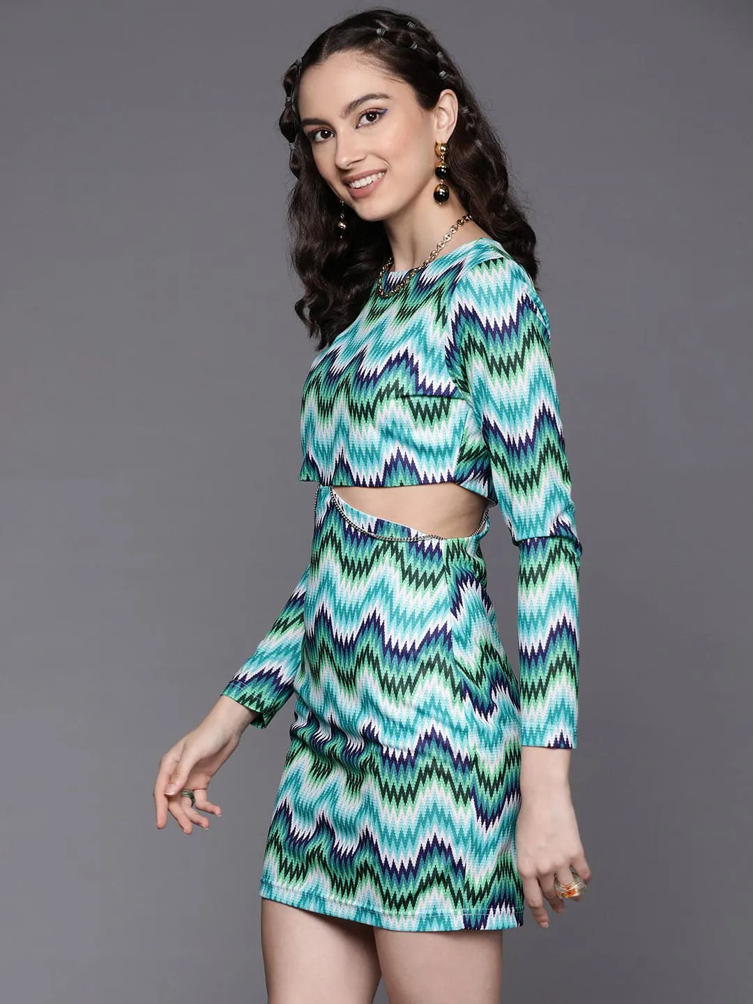 Women Blue Chevron Side Cut Out Dress