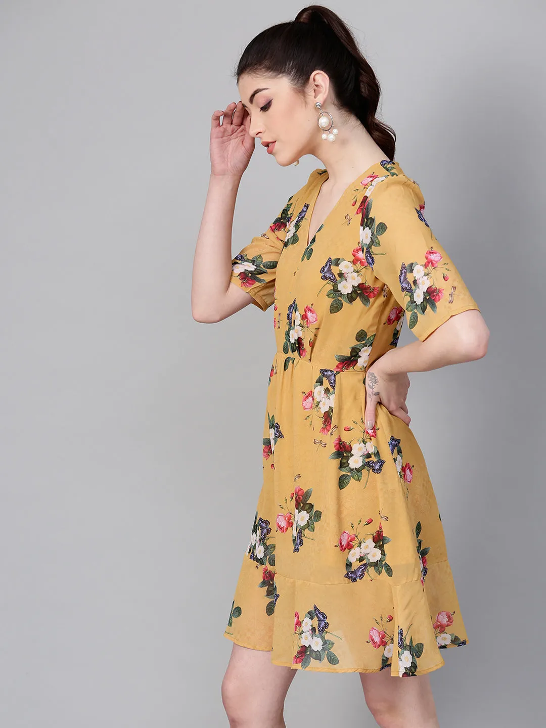 Women Mustard Floral Frill Hem Skater Dress