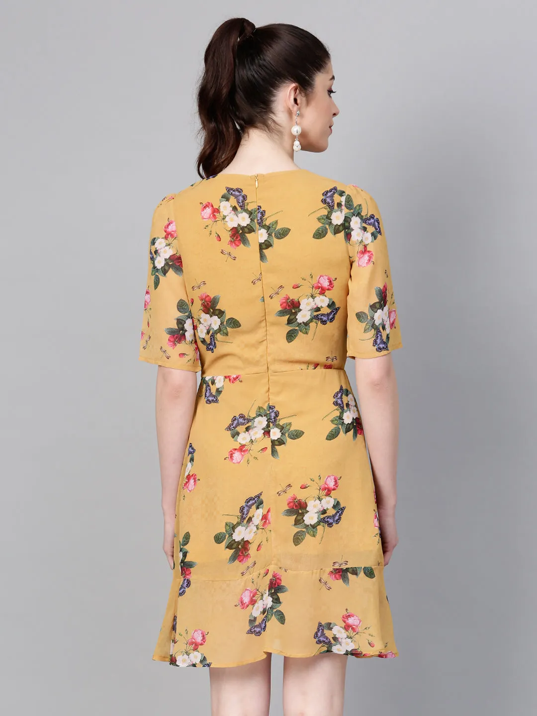 Women Mustard Floral Frill Hem Skater Dress