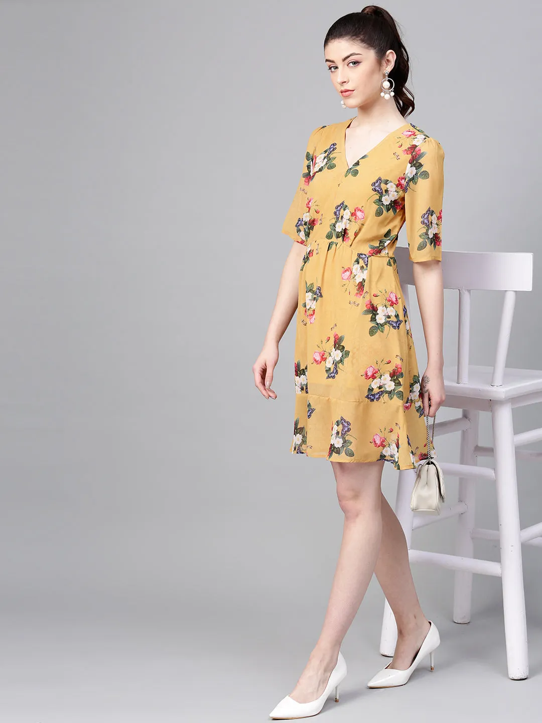 Women Mustard Floral Frill Hem Skater Dress