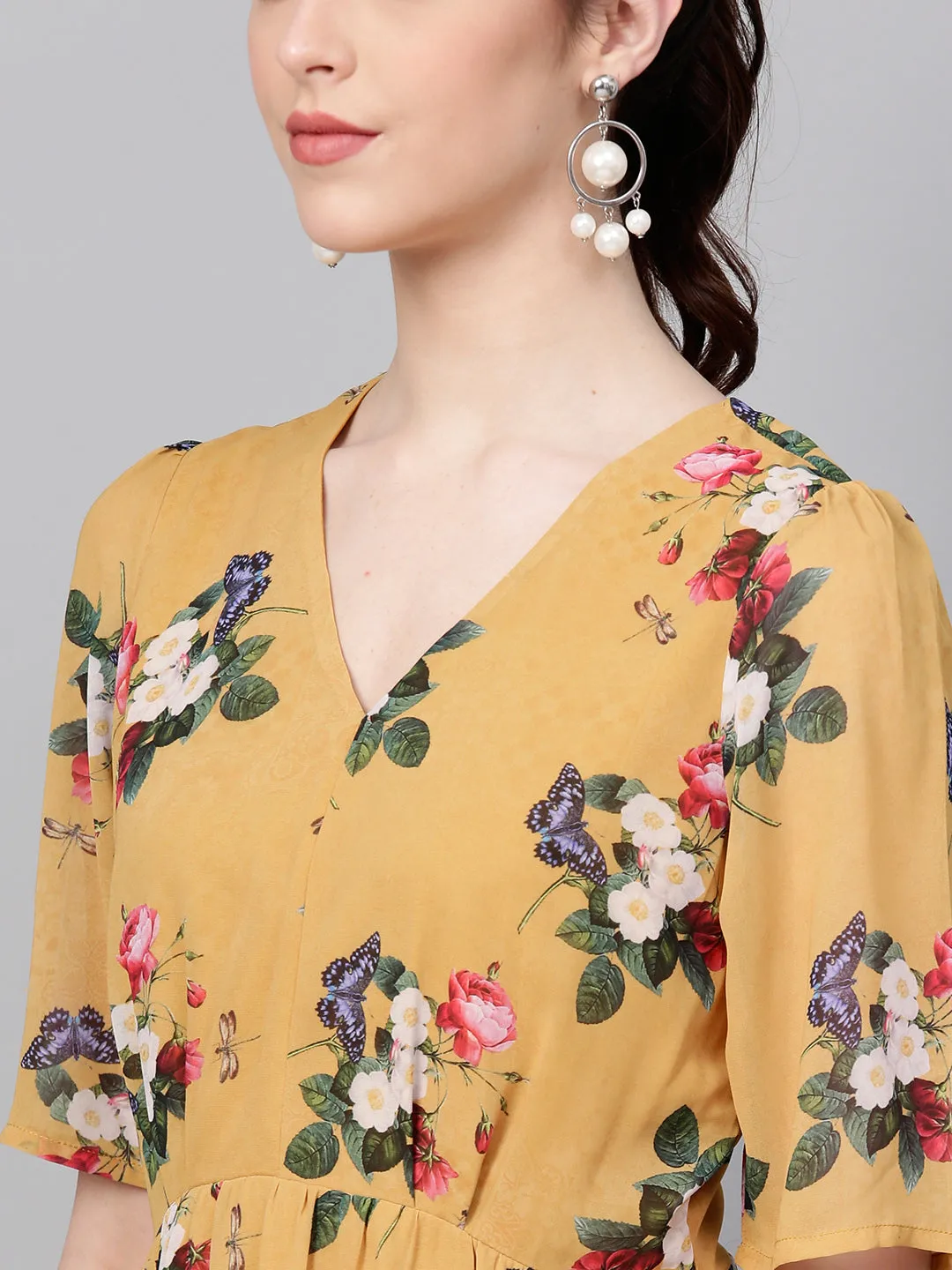 Women Mustard Floral Frill Hem Skater Dress