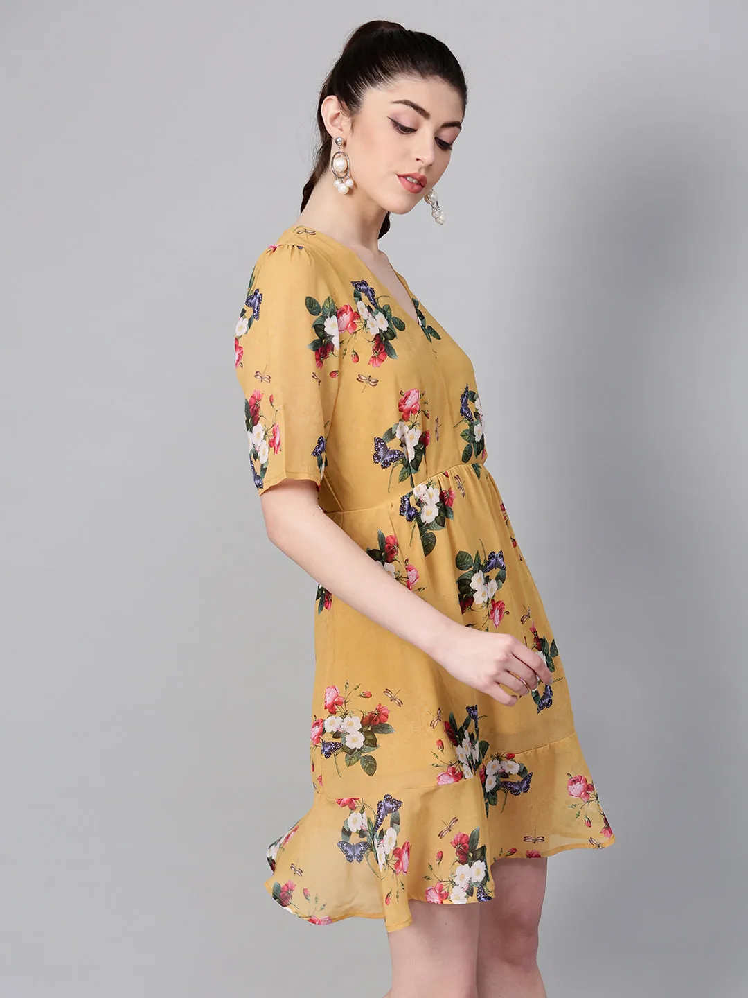 Women Mustard Floral Frill Hem Skater Dress