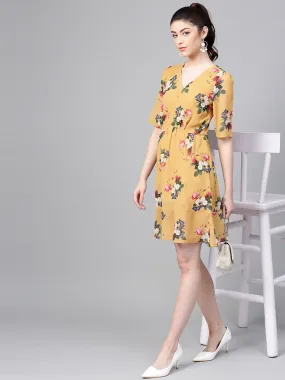 Women Mustard Floral Frill Hem Skater Dress