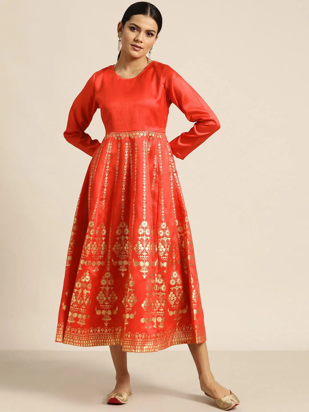 Women Red Gold Foil Print Anarkali Maxi Dress