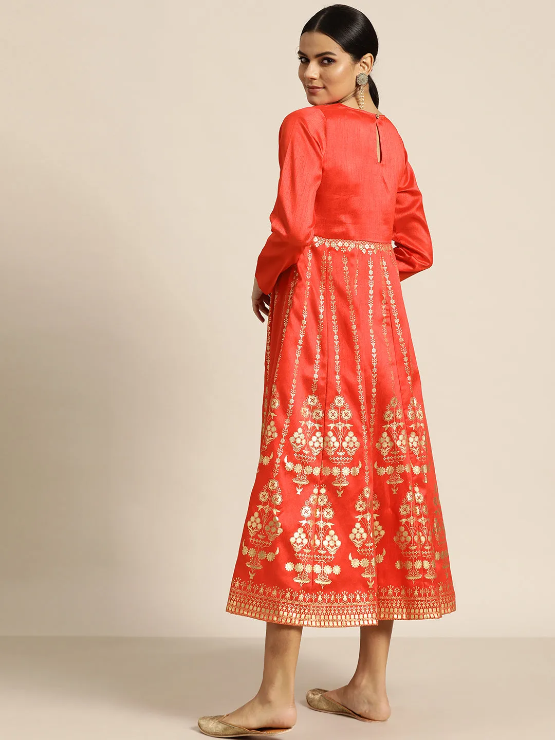 Women Red Gold Foil Print Anarkali Maxi Dress