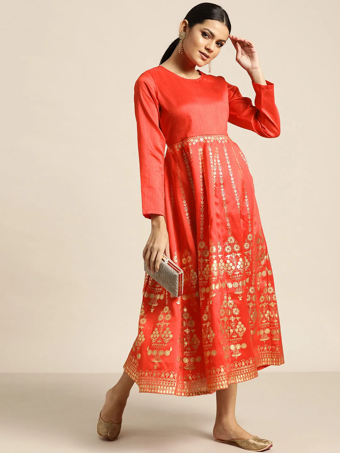 Women Red Gold Foil Print Anarkali Maxi Dress