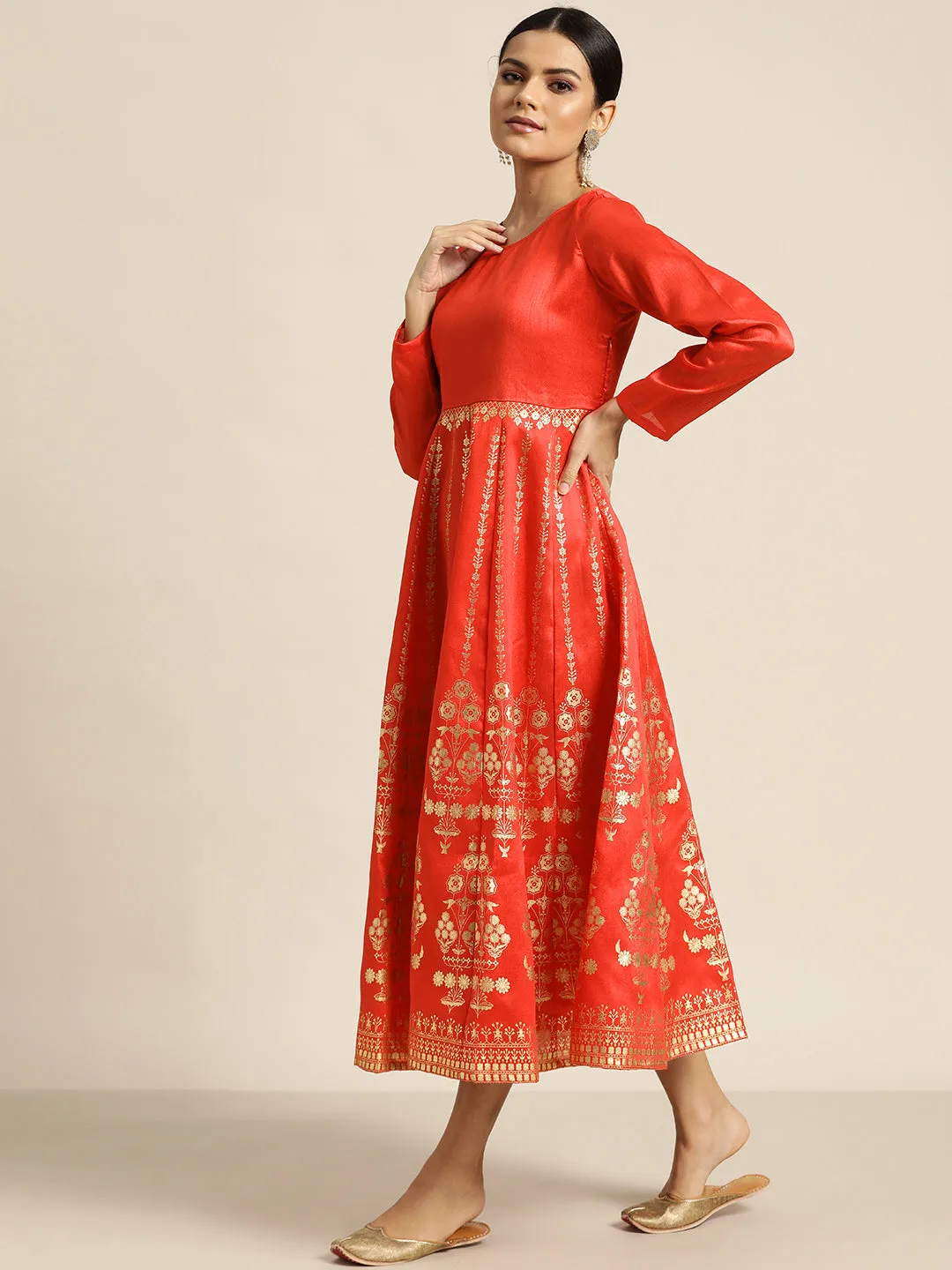 Women Red Gold Foil Print Anarkali Maxi Dress