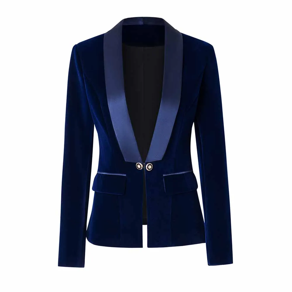 Women velvet wedding blazer long sleeve doule breasted V-neck jacket