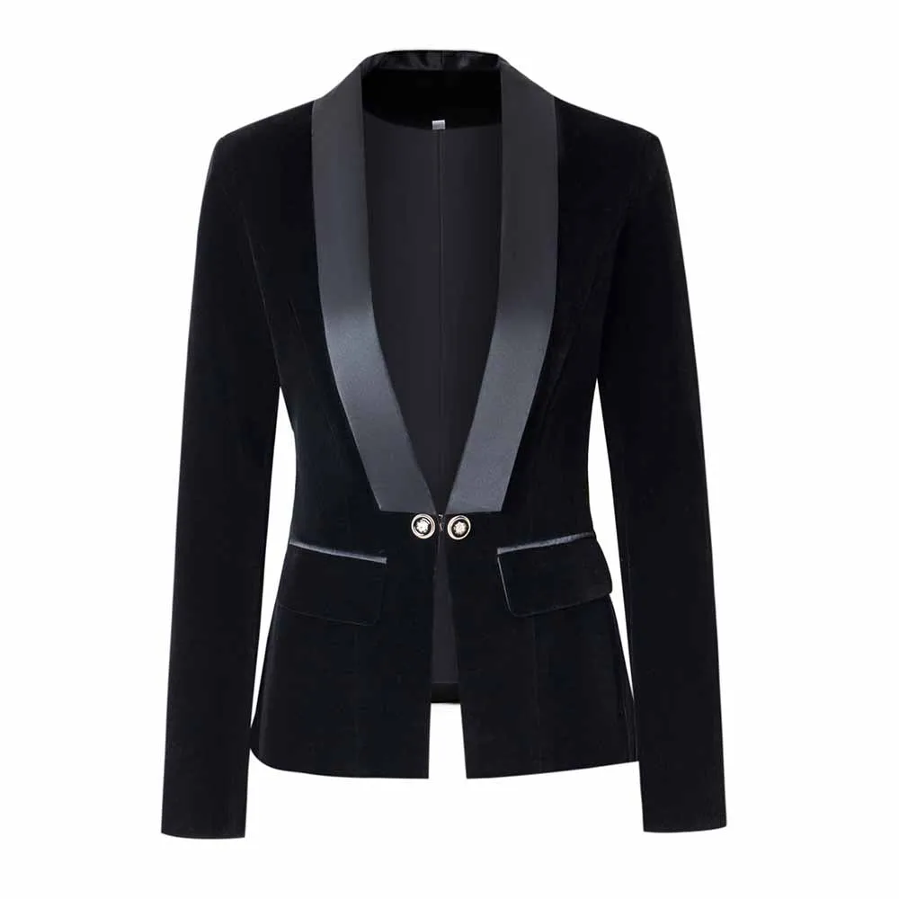 Women velvet wedding blazer long sleeve doule breasted V-neck jacket