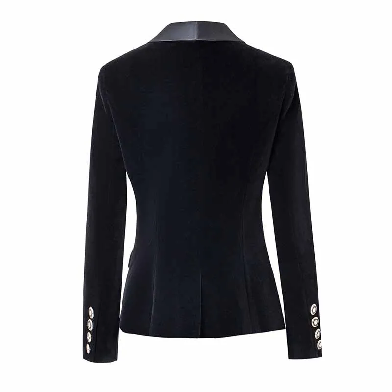 Women velvet wedding blazer long sleeve doule breasted V-neck jacket