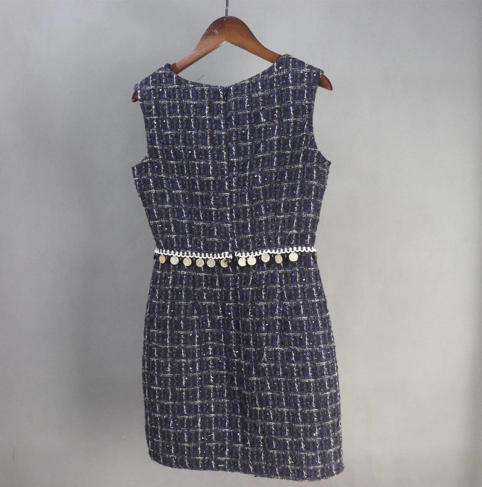 Womens Custom Made V neck Sequinned Sparkle Thread Checked Pattern Tweed Dress Navy Black