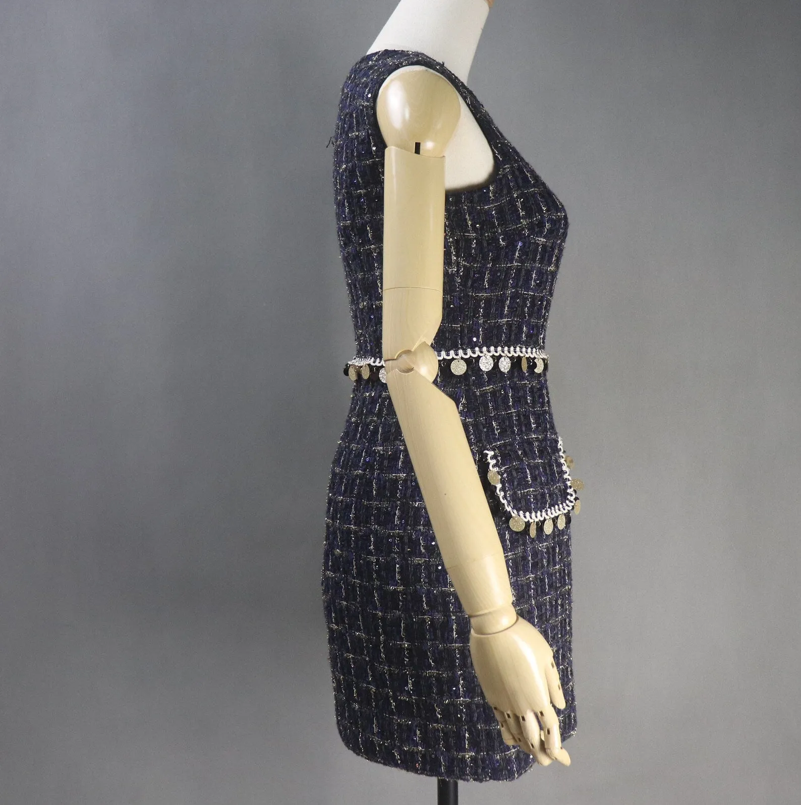 Womens Custom Made V neck Sequinned Sparkle Thread Checked Pattern Tweed Dress Navy Black