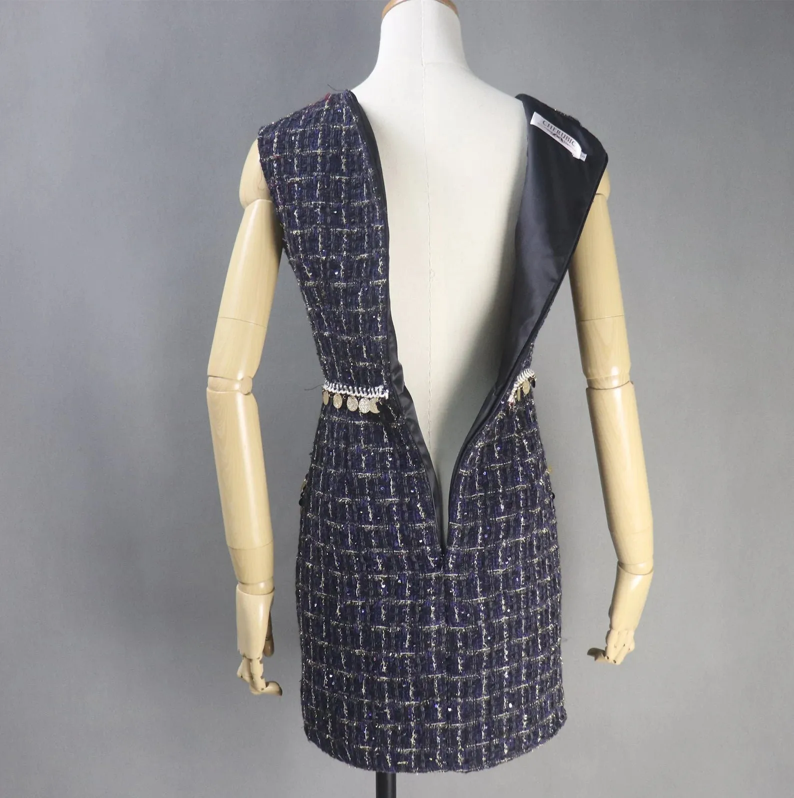 Womens Custom Made V neck Sequinned Sparkle Thread Checked Pattern Tweed Dress Navy Black