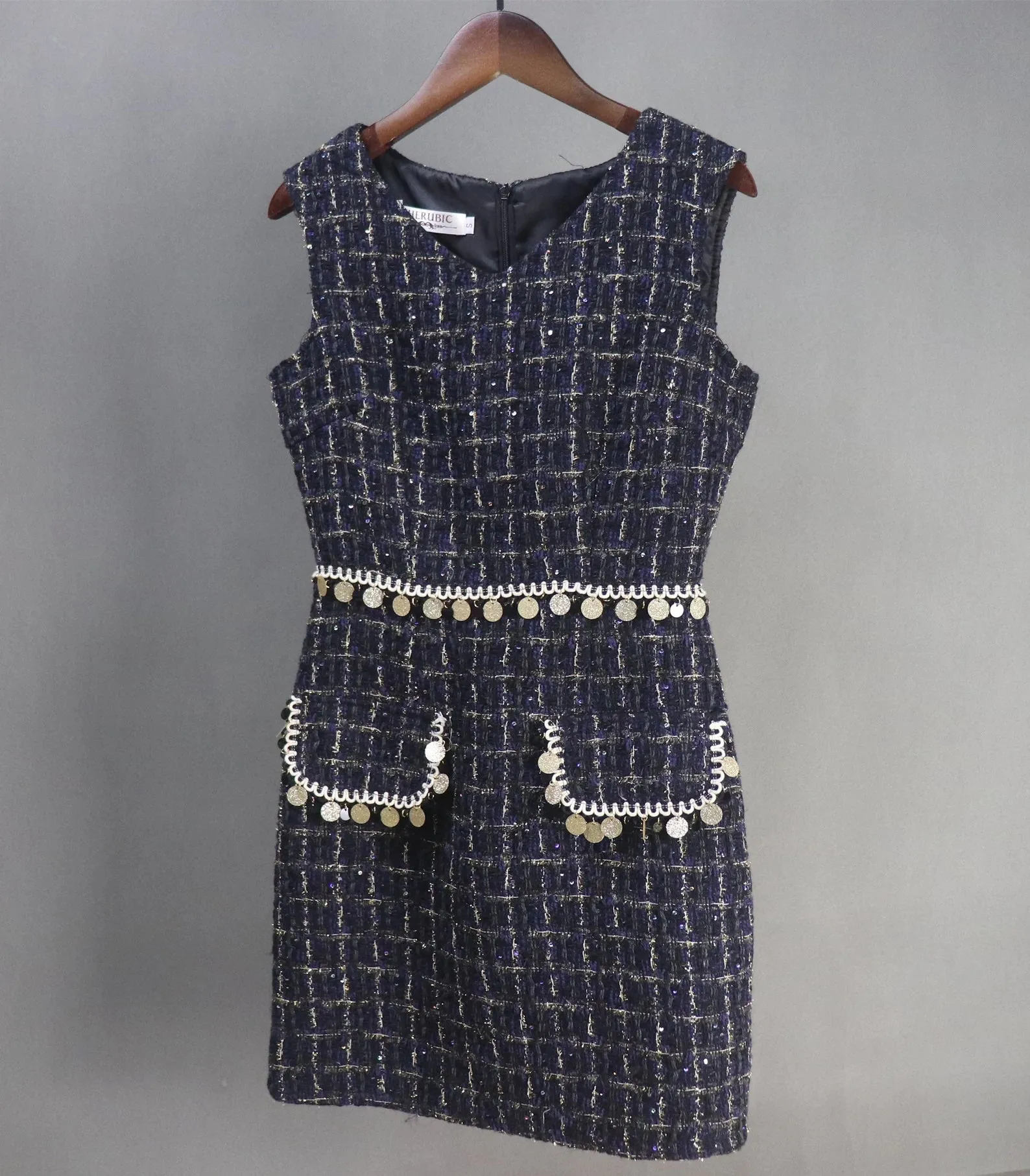 Womens Custom Made V neck Sequinned Sparkle Thread Checked Pattern Tweed Dress Navy Black