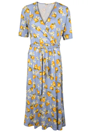 Womens Lemon Print Wrap Dress with Waist Belt