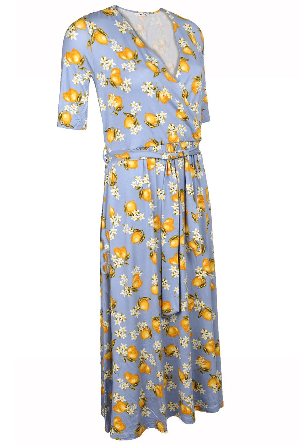 Womens Lemon Print Wrap Dress with Waist Belt